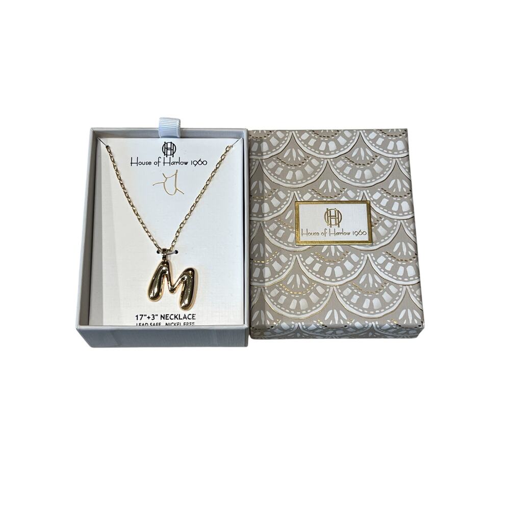 NWT House of Harlow 1960 Gold Tone Initial M Bubble Letter Necklace 17" NIB